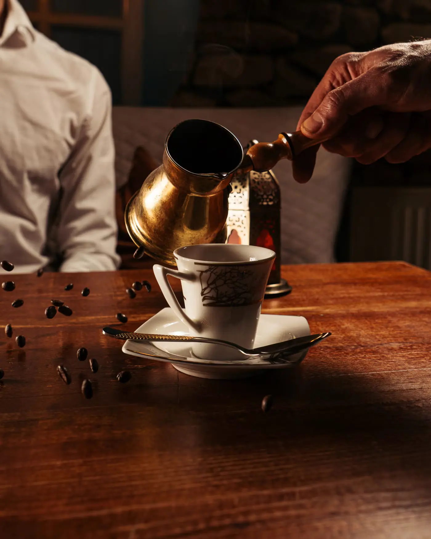 Traditional coffee service over scattered beans at Beirut Restaurant, shot by Gorka Di Capitan (gorkadicapitan.com)